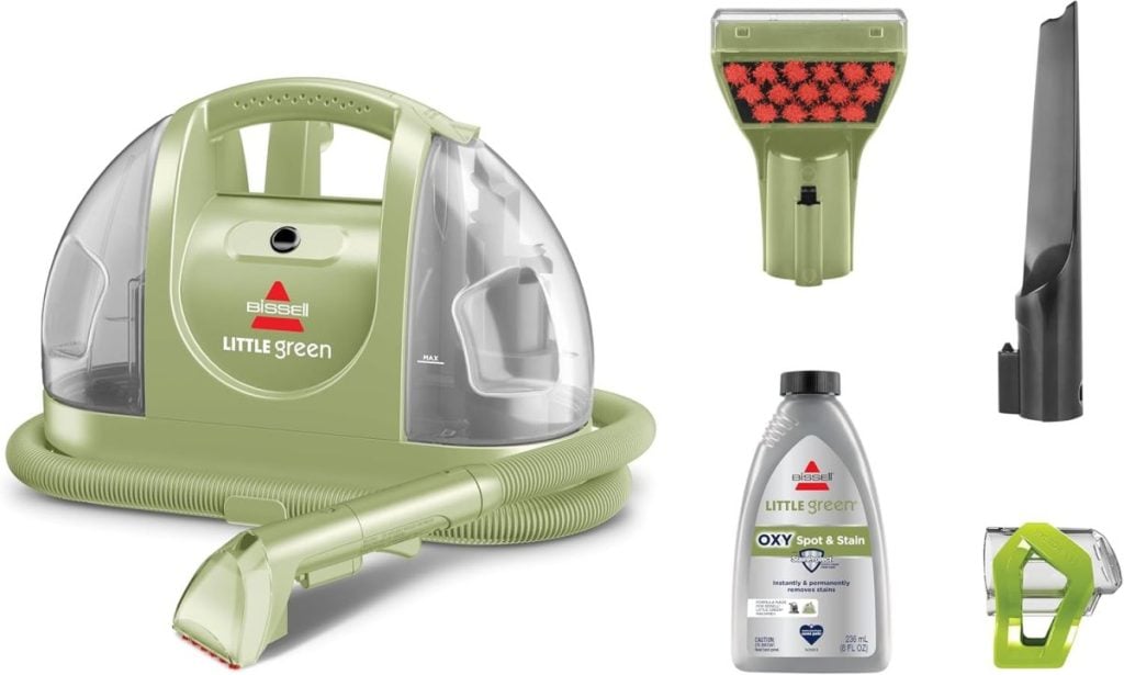 Image featuring a Bissell Little Green portable carpet cleaner in green, along with its accessories: a cleaning solution bottle, a spot and stain brush, a narrow cleaning nozzle, and a green adapter.