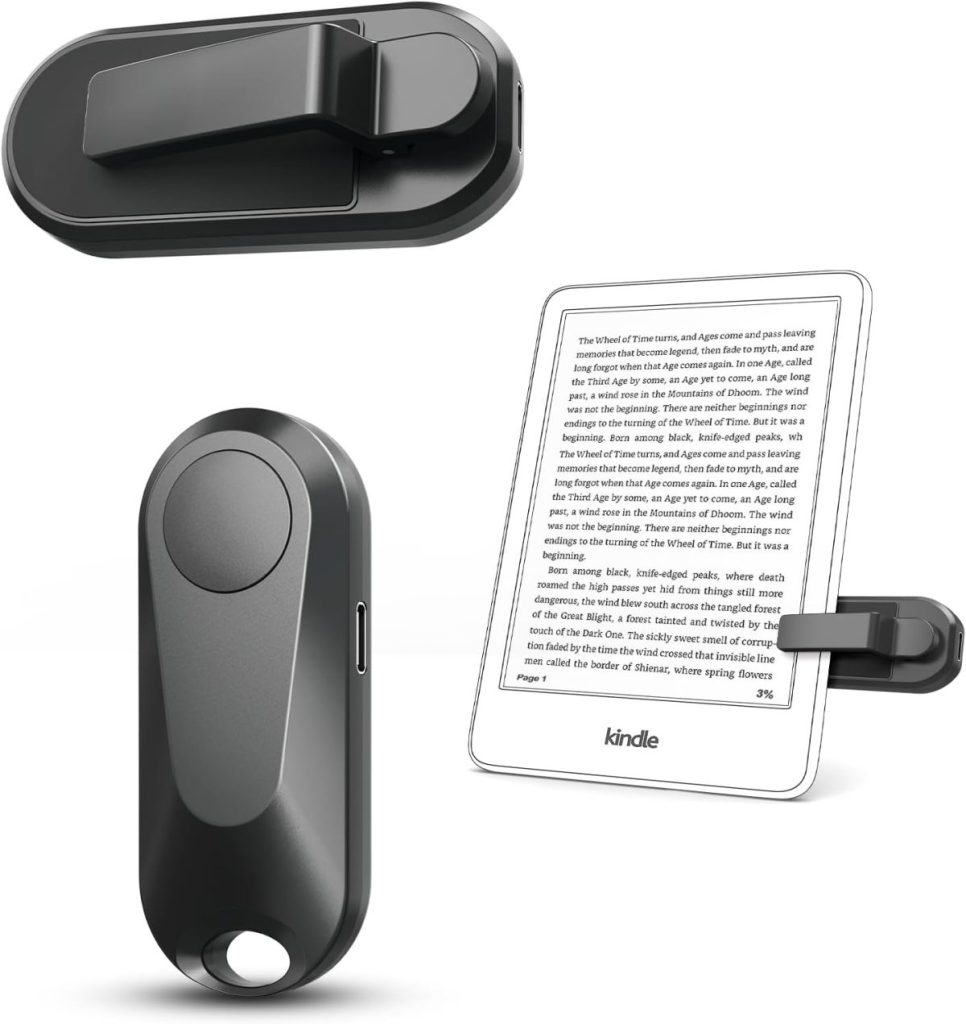 Three Kindle reading light components: clip-on light, light base, and light attached to a Kindle e-reader displaying text.