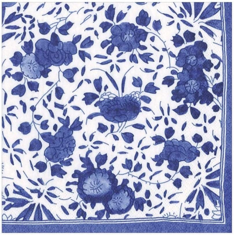 Blue floral pattern with leaves and flowers on a white background, bordered by a solid blue edge—perfect for pairing with wood charger plates for an elegant table setting.