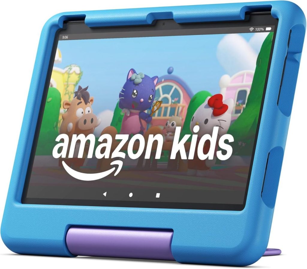 A tablet in a blue and purple protective case displays the Amazon Kids app with animated animal characters and a cheerful fall pumpkin on the screen.