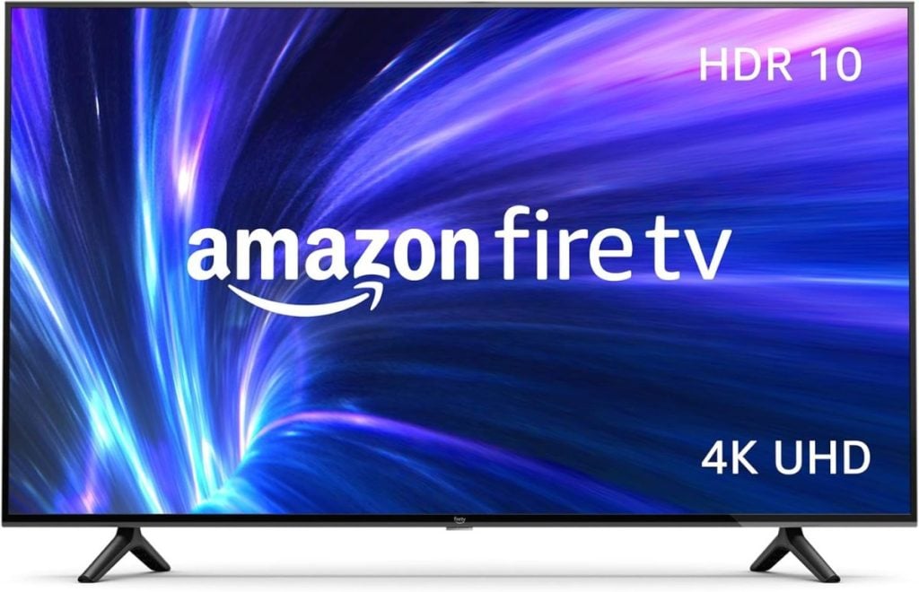 A television displaying the Amazon Fire TV logo along with the labels "HDR 10" and "4K UHD" on the screen with a colorful abstract background.