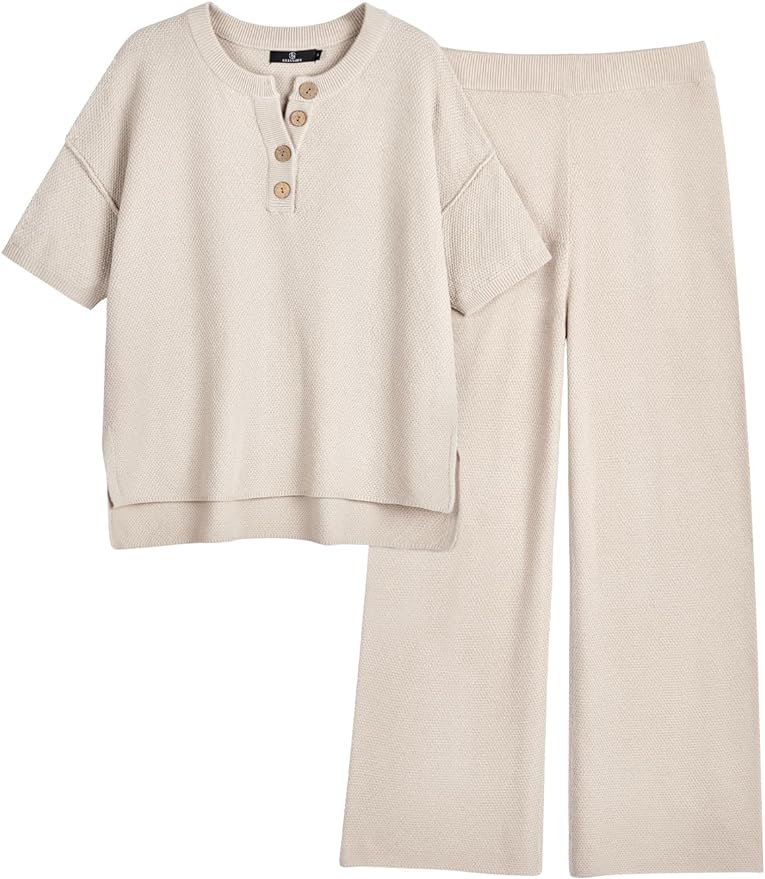 A matching beige short-sleeve knit top with buttons on the neckline and wide-leg pants set laid flat.