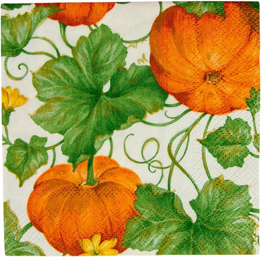 Illustration of pumpkins, green leaves, and vines with yellow flowers on a white background, perfect for pairing with wood charger plates for a rustic touch.