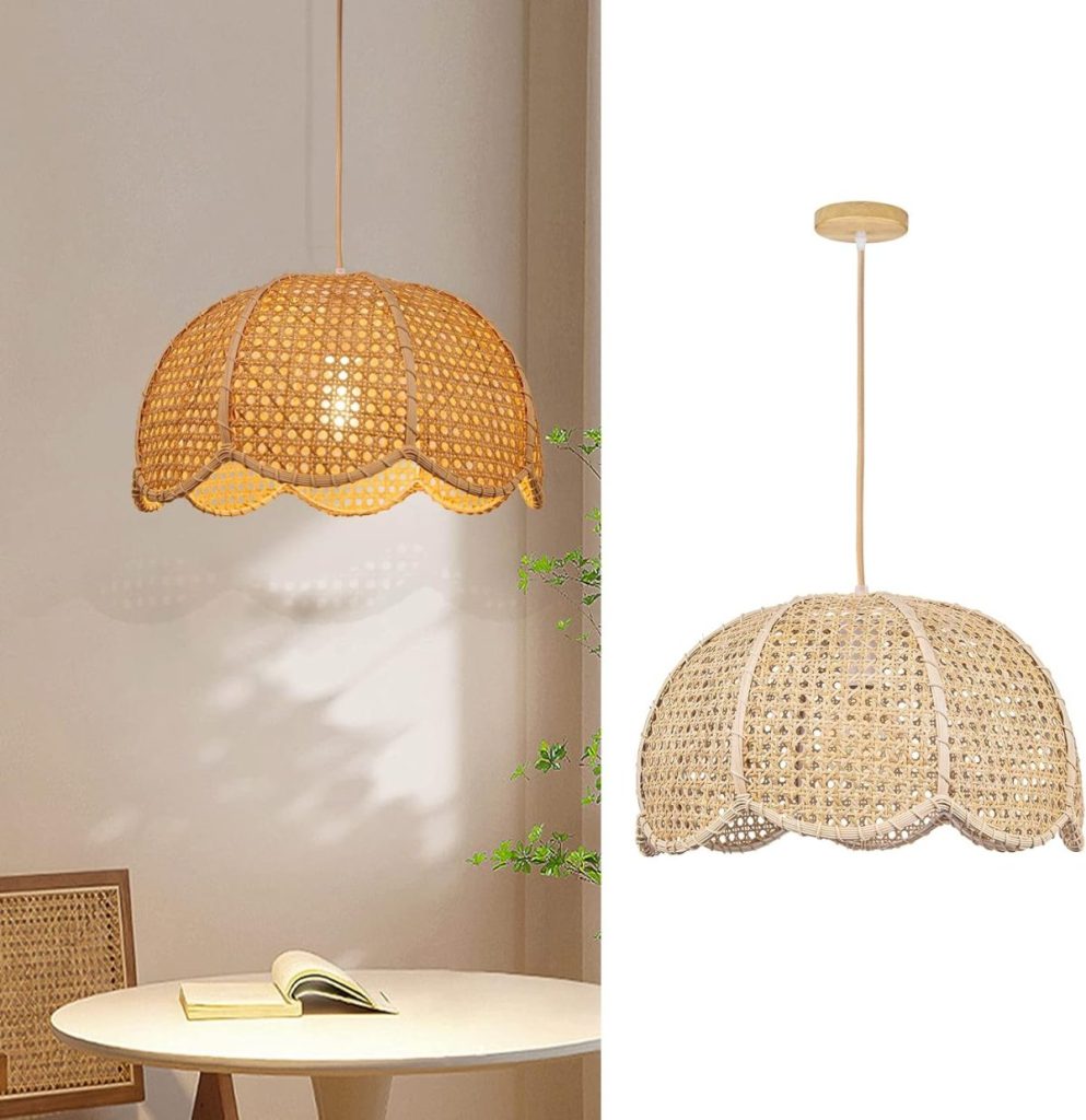 Image of a rattan pendant light hanging above a small round table with an open book. The light fixture is also shown individually on a white background.