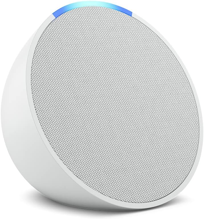 A white, round smart speaker with a gray mesh front and a blue light ring around the top edge.