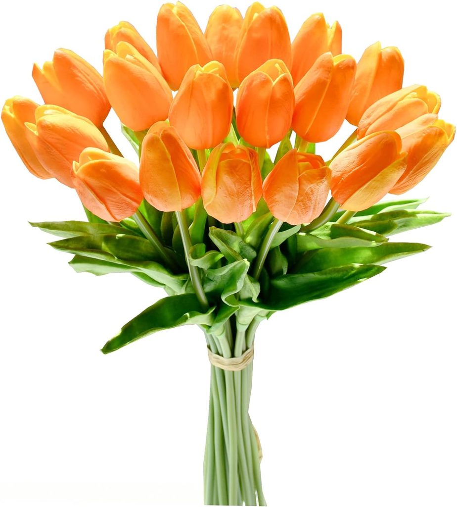 A bouquet of orange tulips with green leaves, reminiscent of a painted pumpkin, tied together with a light-colored band.