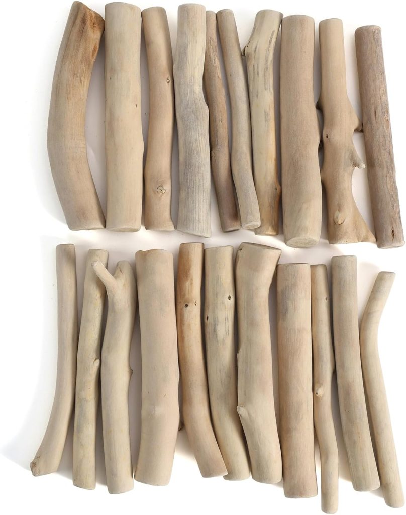 A collection of smooth, light-colored driftwood sticks arranged in two neat rows on a white background, reminiscent of serene fall pumpkins displays.