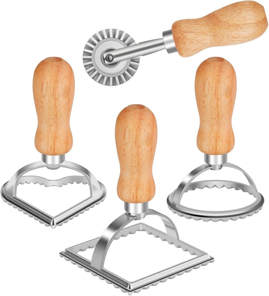 Set of four ravioli cutters with wooden handles and metal blades in assorted shapes—ideal for crafting homemade creations and perfect for your favorite Fall Pasta Recipes.