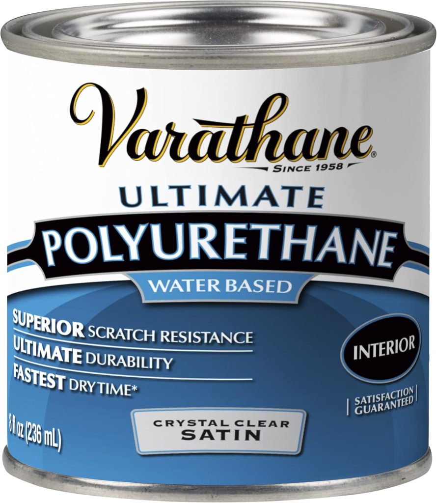 A can of Varathane Ultimate Polyurethane, water-based, crystal clear satin finish, 8 fl oz (236 mL). The label highlights superior scratch resistance, ultimate durability, and fastest dry time—perfect for protecting your wood charger plates.