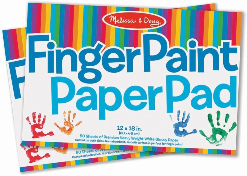 Two Melissa & Doug Finger Paint Paper Pads, each with 50 sheets of 12 x 18 inch heavy weight white glossy paper. The colorful design includes handprint graphics in red, orange, blue, and green.