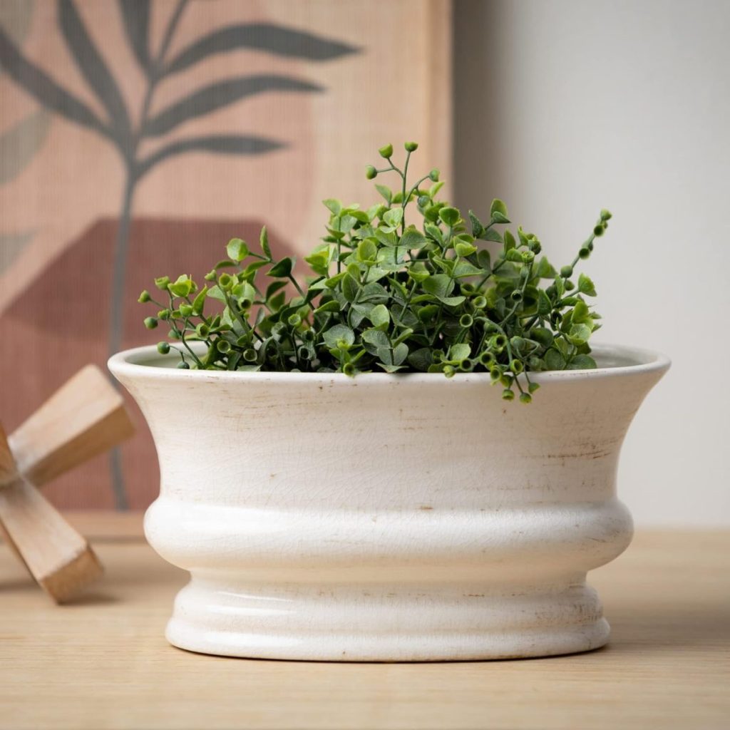 A small potted plant in a white ceramic pot is placed on a wooden surface, accompanied by elegant plate chargers. In the background, a wooden decor item and a framed abstract leaf artwork add to the aesthetic charm.