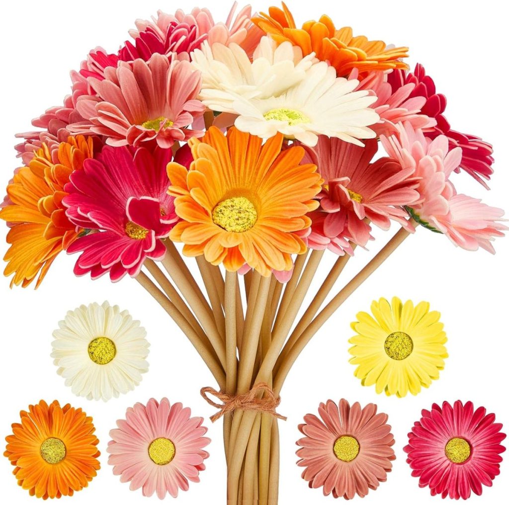 A bouquet of colorful artificial gerbera daisies with additional individual flower images below, in shades of pink, orange, red, yellow, and white, tied with a brown string—perfect for adding charm to A Home to Share.