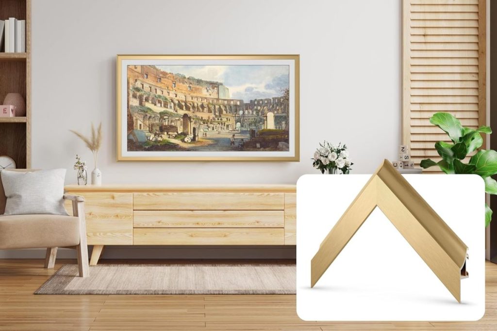 A living room with a large framed painting above a wooden sideboard; an inset shows a close-up of the painting's gold frame corner—an inviting scene that truly feels like A Home to Share.