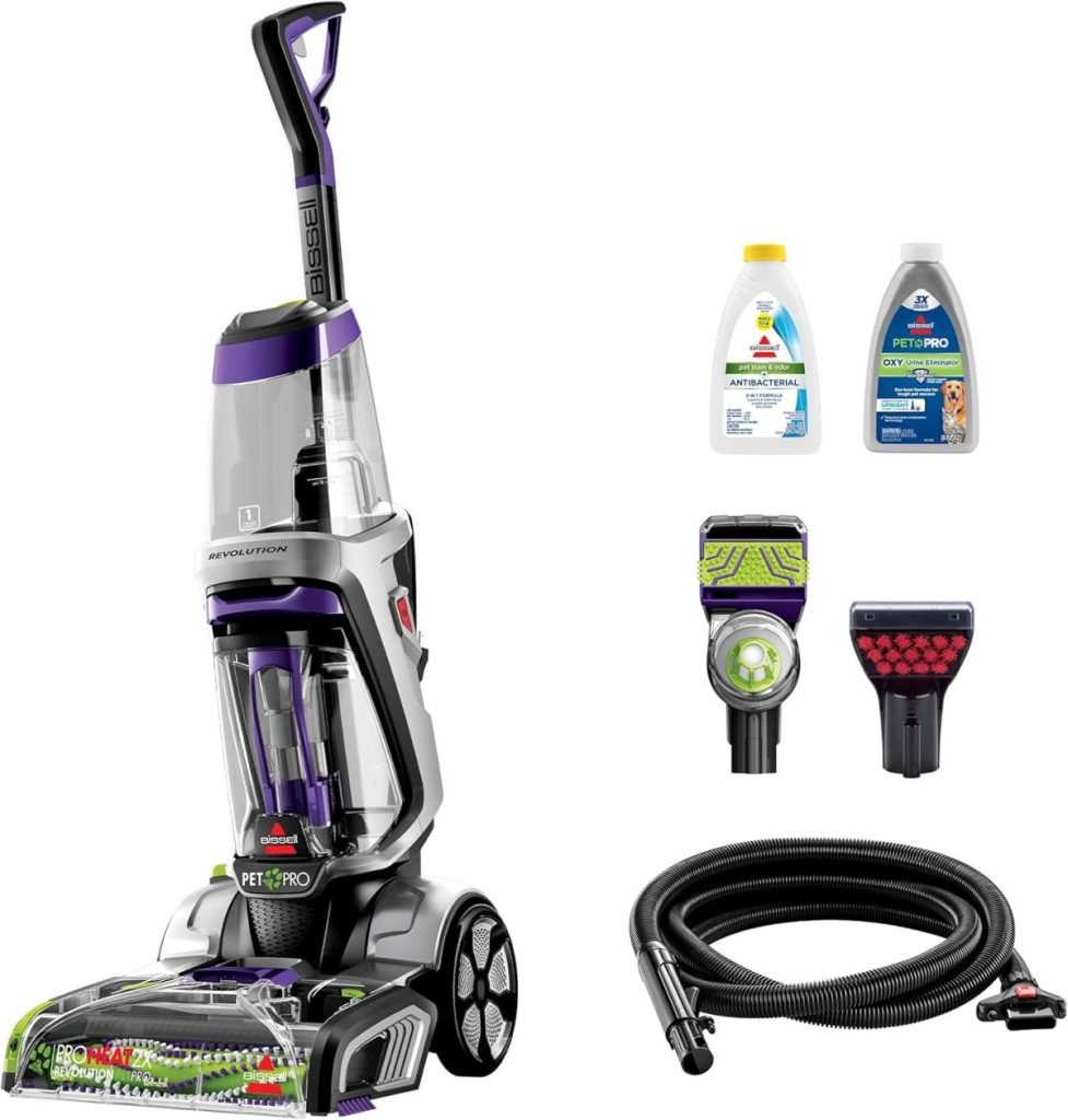 A Bissell ProHeat 2X Revolution Pet Pro upright carpet cleaner with attachments: brush, hose, and two bottles of cleaning solution.