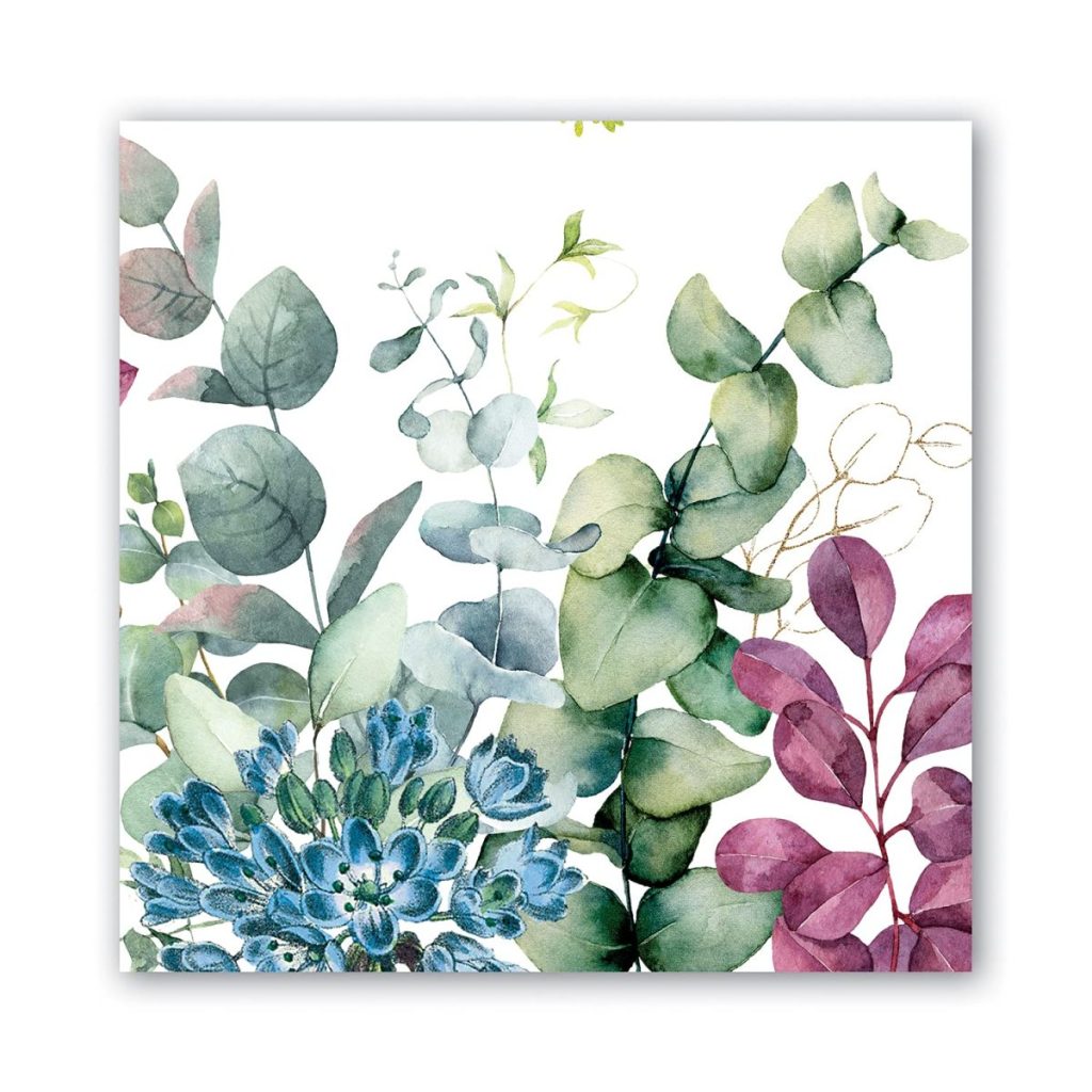 Watercolor illustration of assorted green, blue, and purple leafy plants and flowers on a white background, perfect for complementing wood charger plates at your next elegant table setting.
