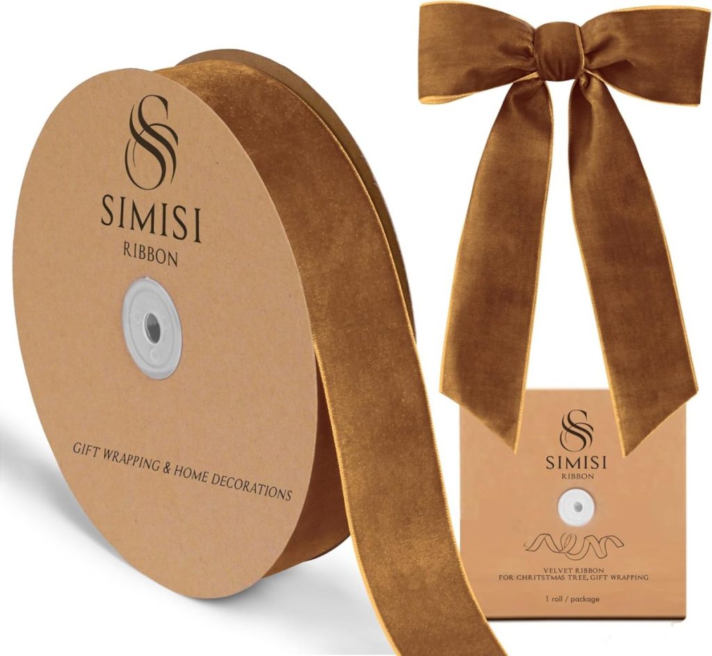 A brown velvet ribbon roll with "SIMISI Ribbon" branding, shown alongside a tied bow and product packaging, perfect for gift wrapping, home decorations, or adding a charming touch to your next pumpkin craft.
