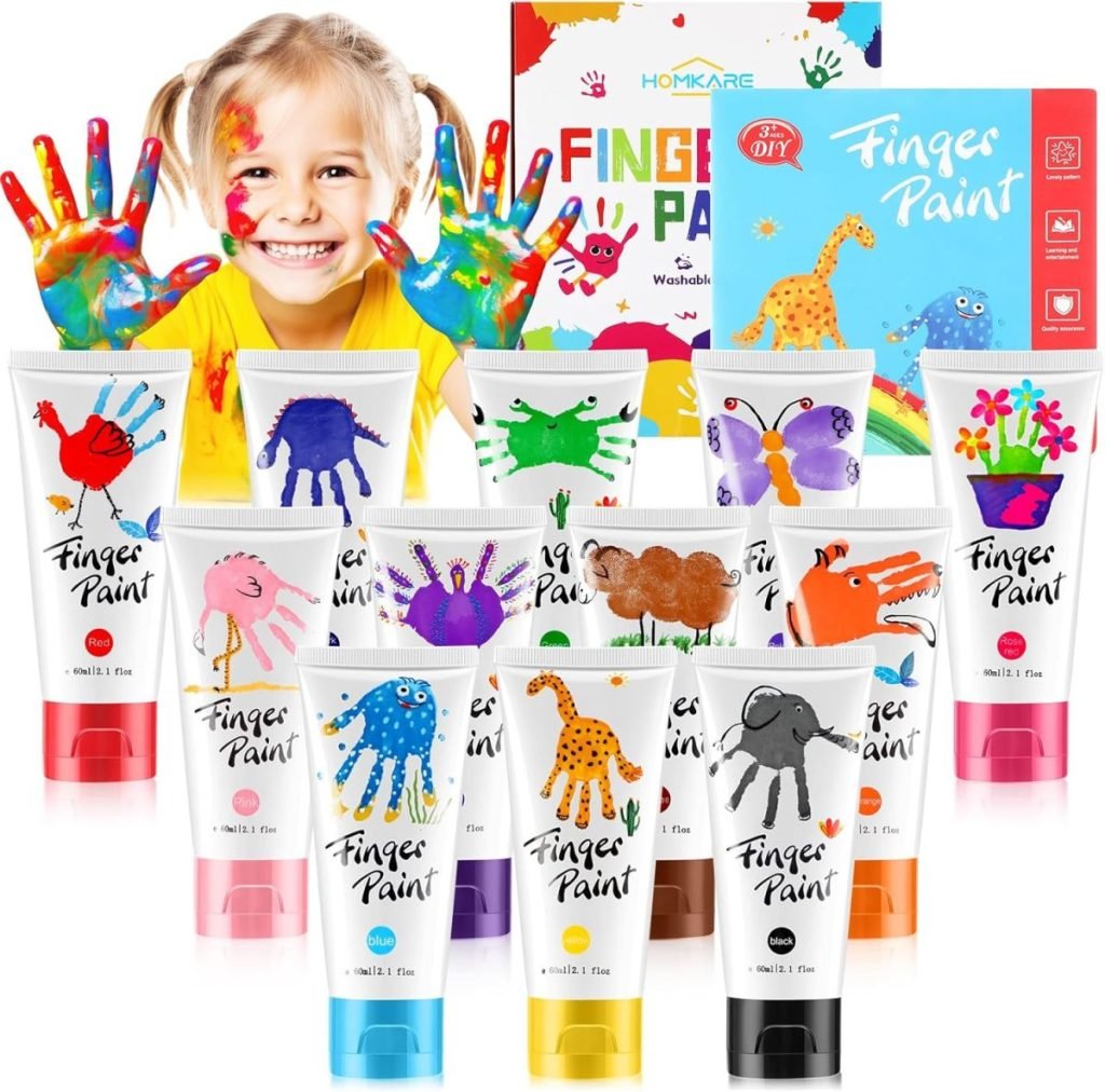 A smiling child with painted hands showing colorful fingers. In front, 12 tubes of finger paint in various colors are displayed with a product box labeled "Finger Paint" in the background.