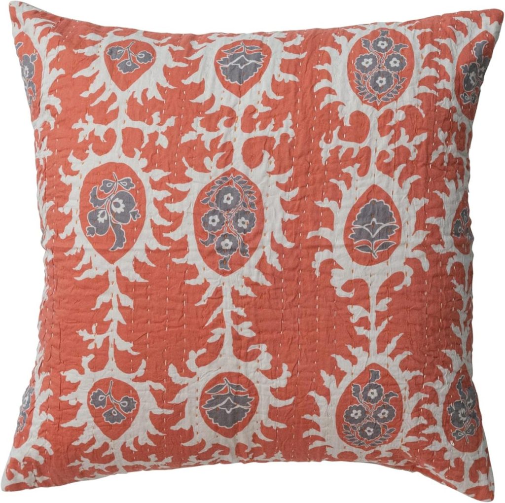 Square decorative pillow with a red background and white, gray floral pattern. This quilted accent adds cozy charm—perfect for swapping in with your favorite Fall Pillow Covers.