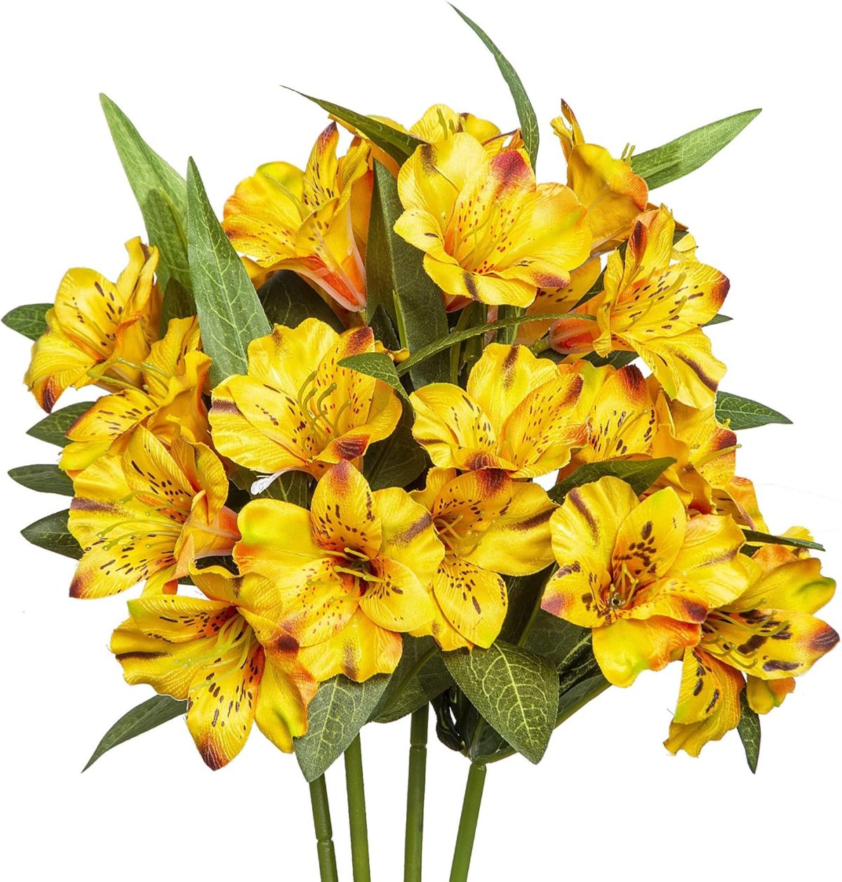 A bouquet of artificial yellow lilies with green leaves, arranged in a cluster against a white background—perfect for brightening up your fall flower arrangements.