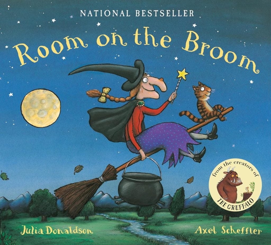 Cover of the book "Room on the Broom" by Julia Donaldson and Axel Scheffler. It depicts a witch flying on a broomstick with a cat and a full moon in the background. The cover also mentions it's a national bestseller.