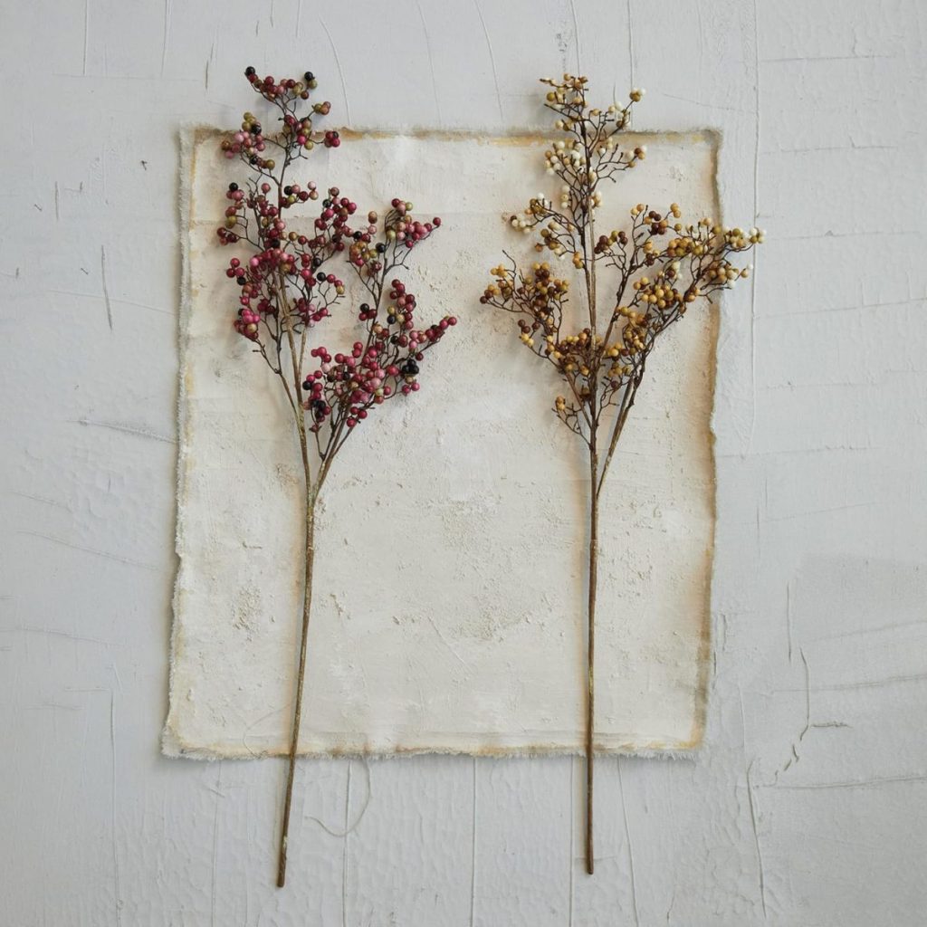 Two dried botanical stems—one with red berries, one with yellow—are artfully arranged on a textured, off-white square paper against a white wall, evoking the warmth and simple beauty of A Home to Share.