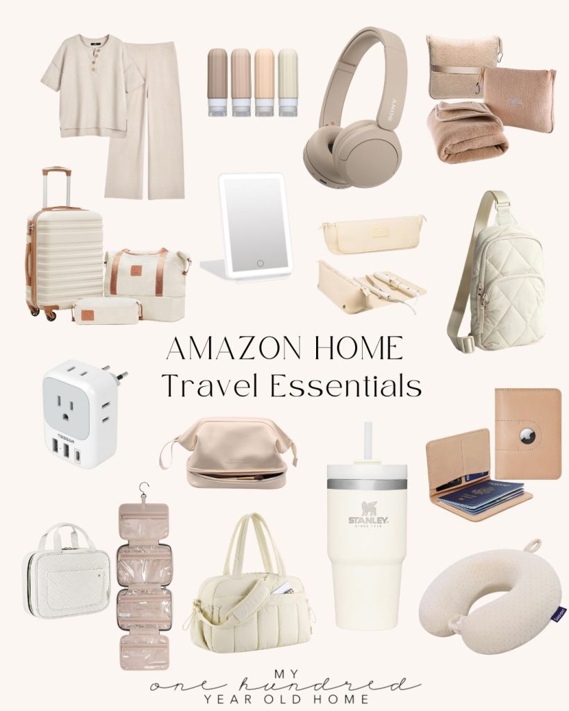 Collage of various travel essentials, including clothing, luggage, electronics, accessories, and personal care items, with the text "AMAZON HOME Travel Essentials" displayed centrally.