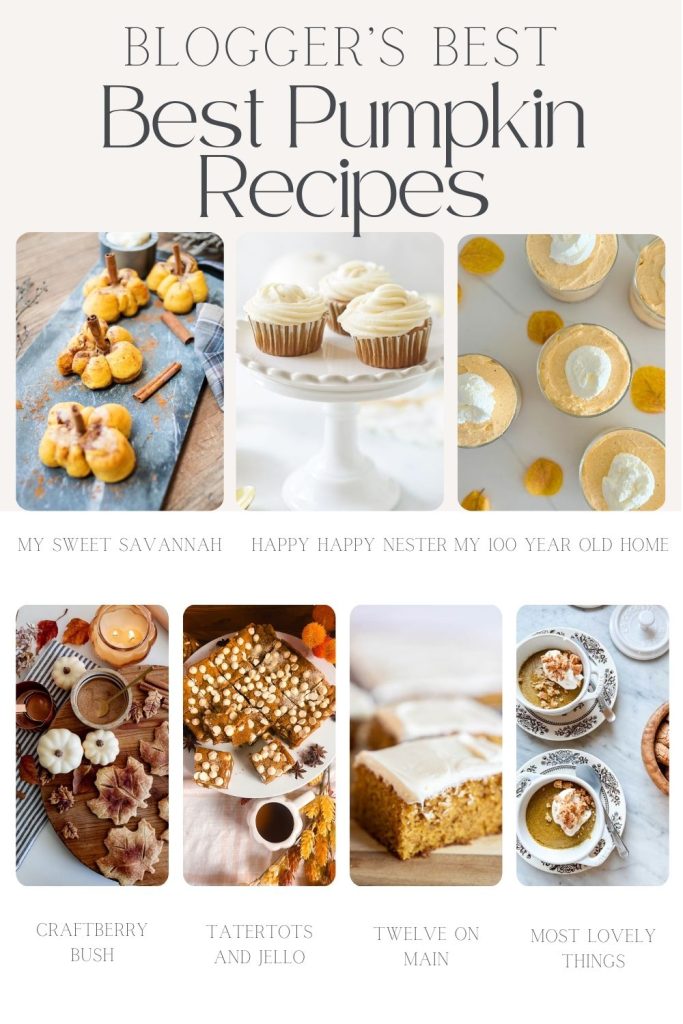 Image features a collage of pumpkin recipes from various bloggers, including dishes like pumpkin scones, cupcakes, mini pies, and casseroles, each labeled with their respective blog names.