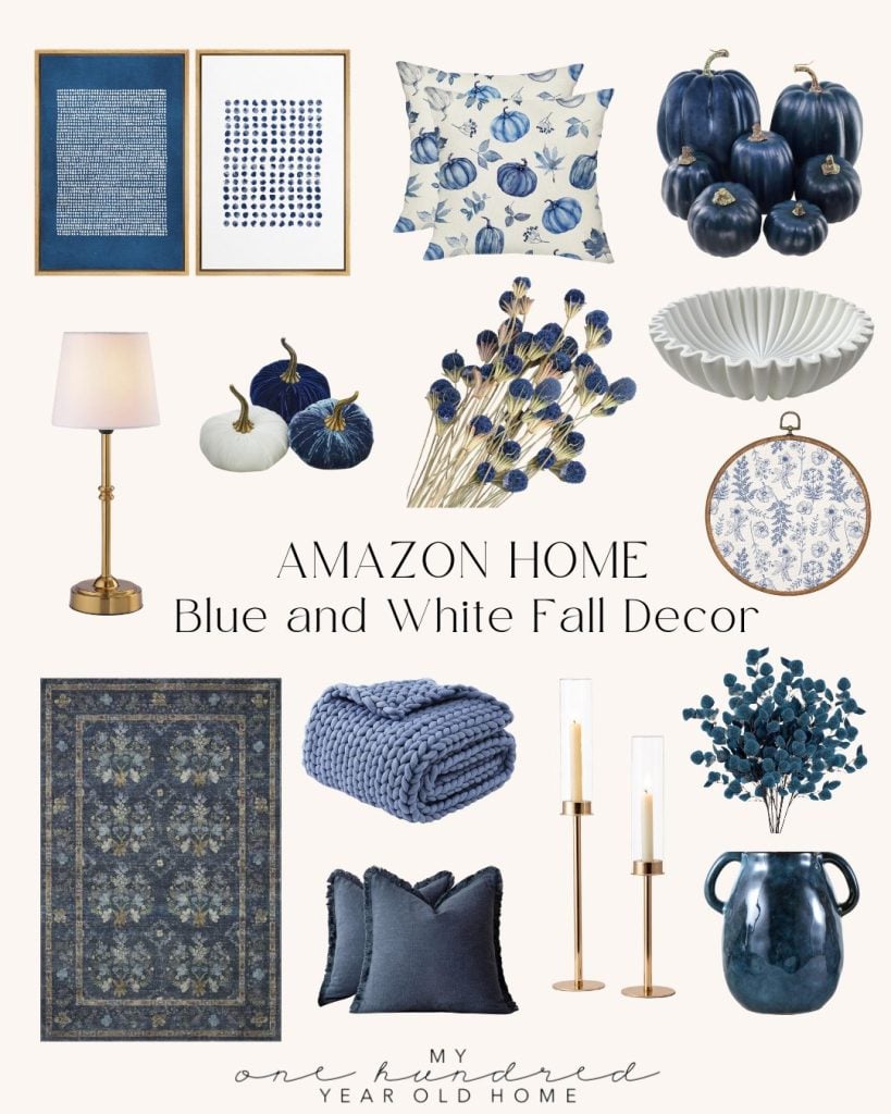 A collection of blue and white fall decor items, reminiscent of a Harvest Salad palette, including pillows, pumpkins, a lamp, candles, a vase, wall art, a throw blanket, and a rug—all from Amazon Home.