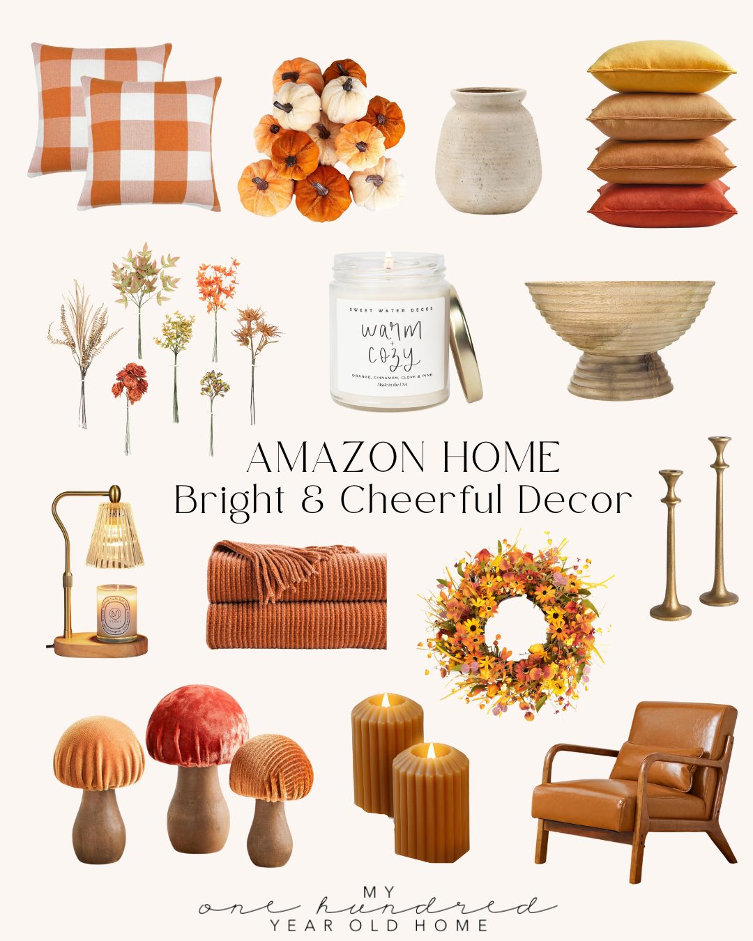 Collage of home decor items including pillows, pumpkin crafts, vases, a candle, artificial flowers, throws, a bowl, candlesticks, a lamp, mushroom figures, candles, a wreath, and a chair.