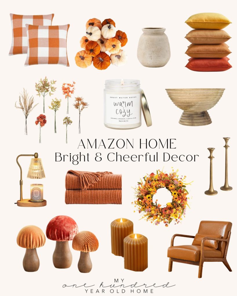 A collection of brightly colored home decor items, including pillows, candles, vases, blankets, and more, arranged against a white background. Text reads "AMAZON HOME Bright & Cheerful Decor." Perfect for inspiring fall table decor ideas!