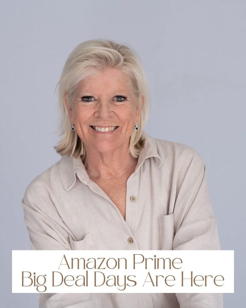 A person with light hair wearing a beige shirt smiles. Text at the bottom reads: "Amazon Prime Big Deal Days Are Here". Don't miss out on these exclusive offers!