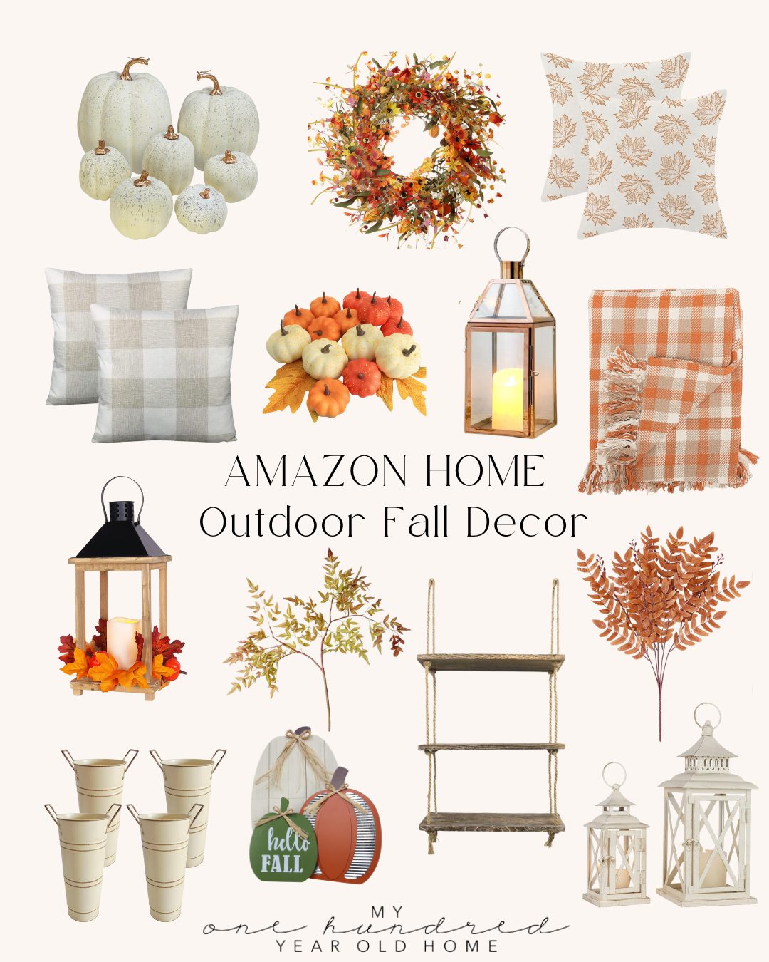 A collage showcasing various outdoor fall decor items including pumpkins, wreaths, pillows, lanterns, a blanket, artificial leaves, buckets, a welcome sign, and even elements for a cozy farmhouse table setting.