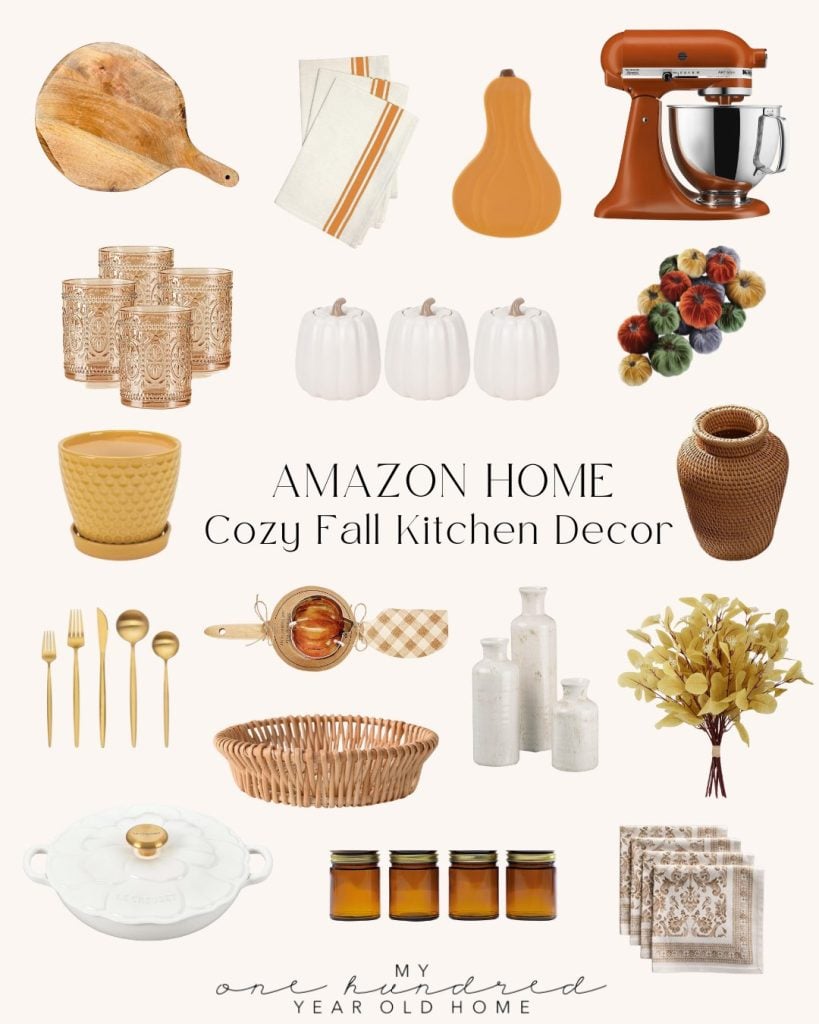 A collage of cozy fall kitchen decor items including a stand mixer, utensils, ceramic pumpkins, glass jars, cutting boards, napkins, and decorative vases, set against a cream background.