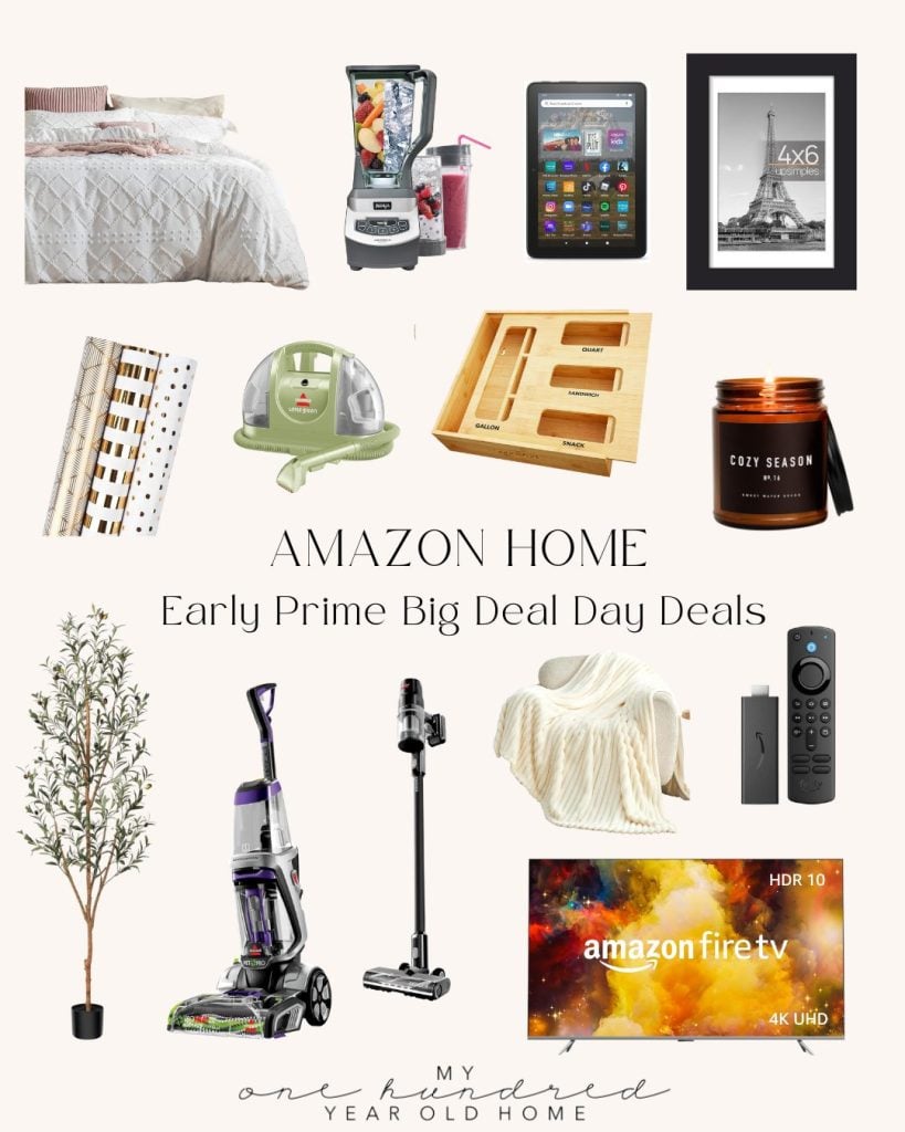 Collage of various home items on sale for Amazon's Early Prime Big Deal Day, including bedding, appliances, cleaning tools, candles, frames, and an Amazon Fire TV.