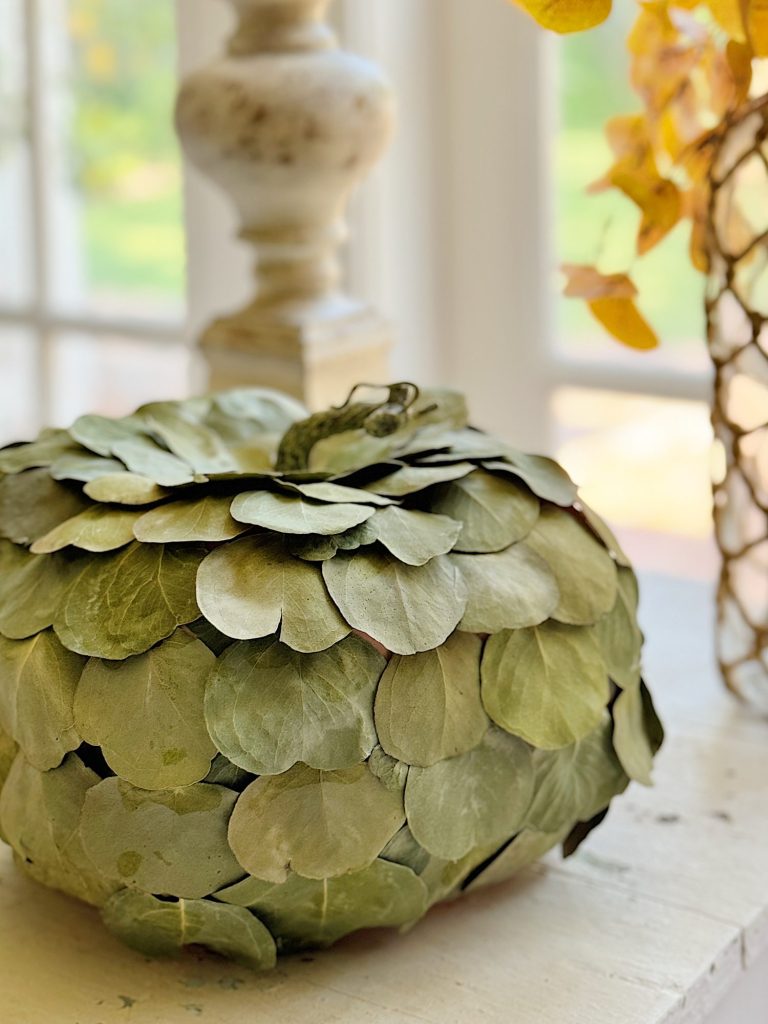 A decorative pumpkin covered in green leaf-like materials sits on a table near a window, with a plant visible in the background.