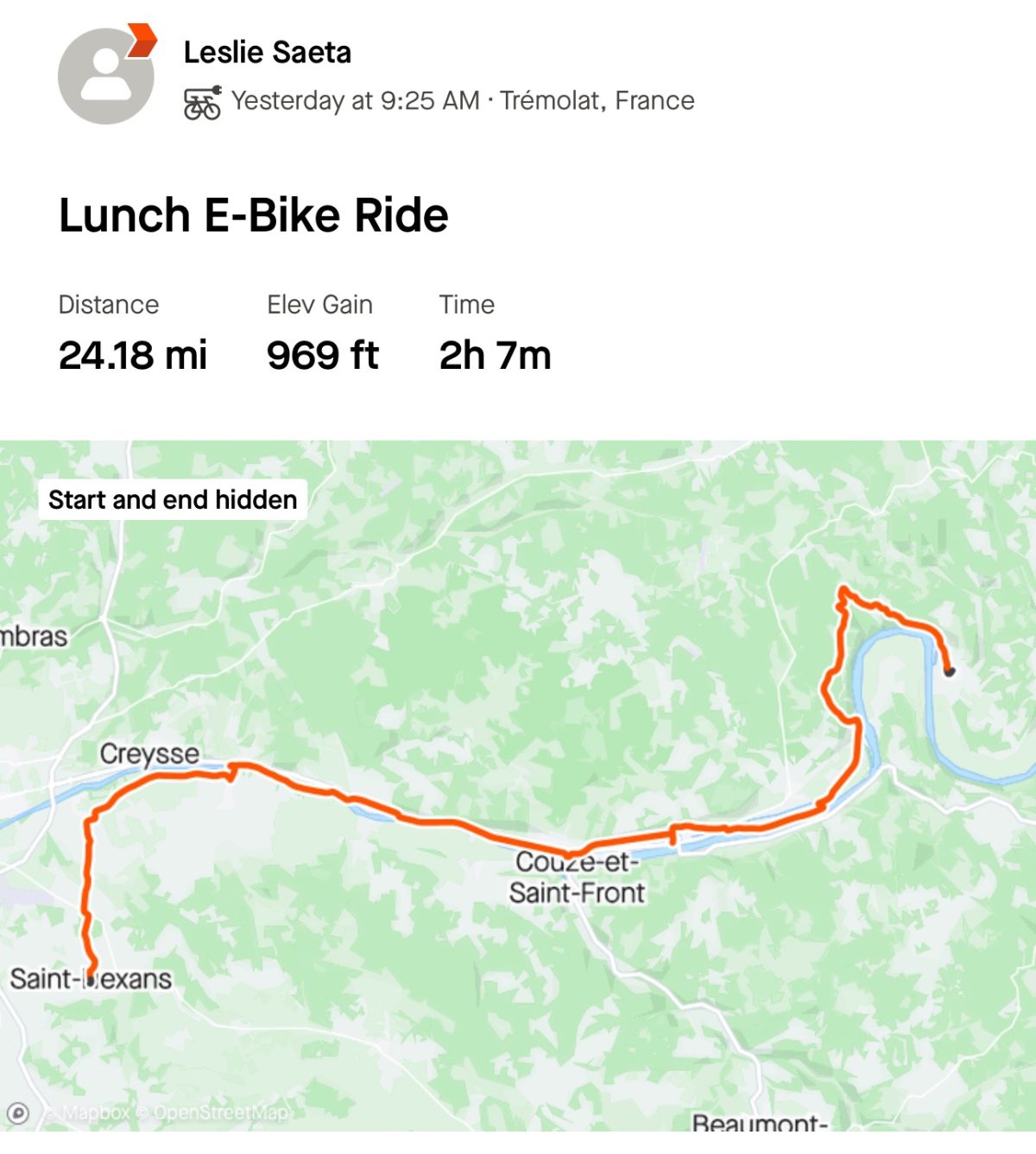 Map showing the route of an E-Bike ride totaling 24.18 miles, with an elevation gain of 969 ft, completed in 2 hours and 7 minutes, starting in Saint-L&eacute;on-sur-l'Isle and ending in Trelissac, France.