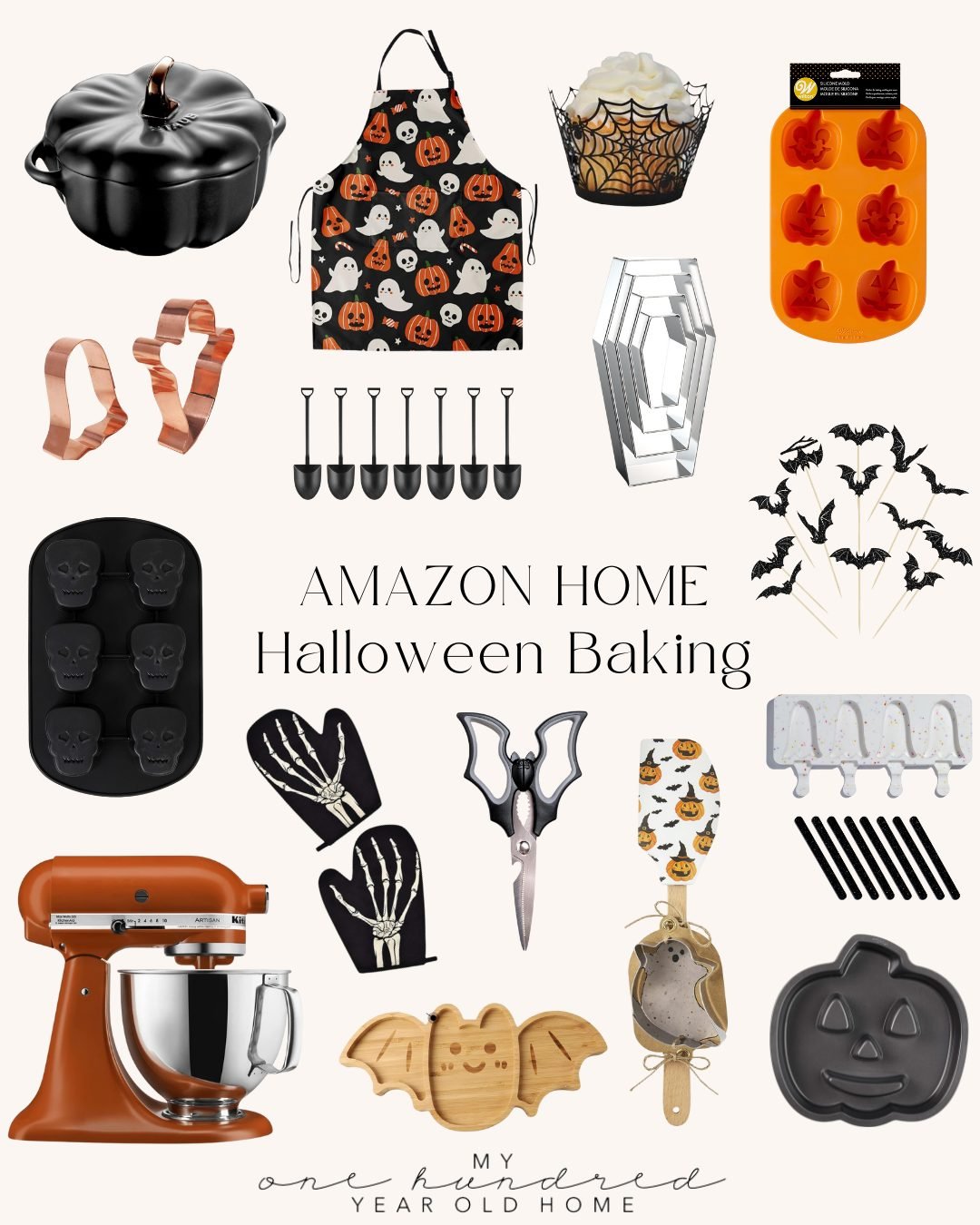 A collage of Halloween-themed baking items, including molds, cutters, an apron, a mixer, utensils, and decorations for crafting perfect Halloween sugar cookies, all labeled as Amazon Home products.