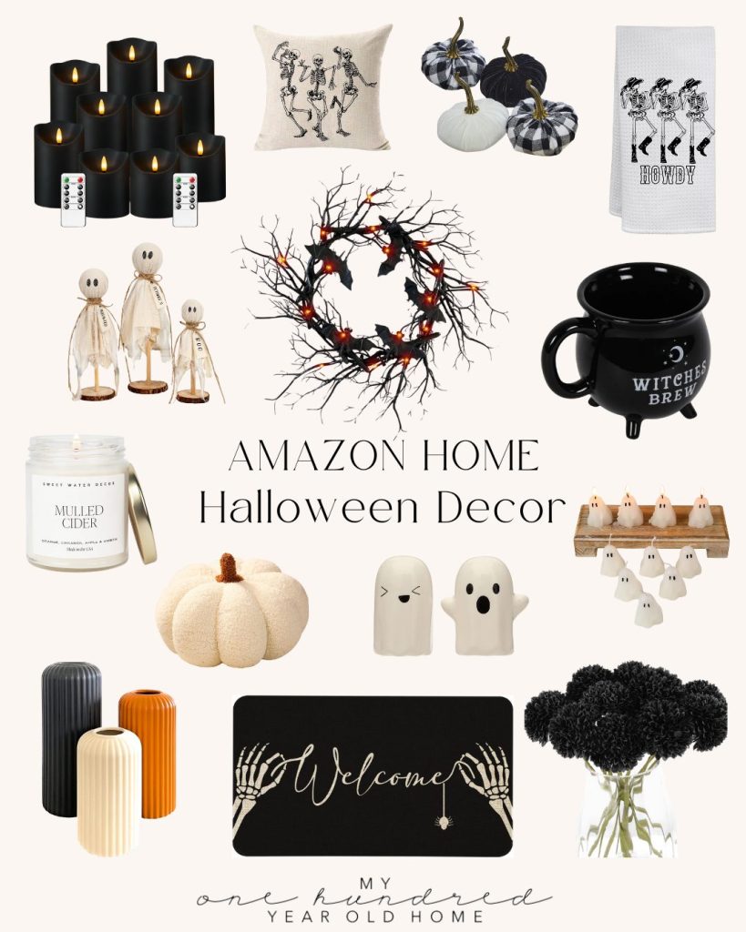 A collection of Halloween home decor items, including candles, pillows, ghost figurines, a wreath, mugs, wood charger plates, and themed towels, displayed on a white background with the text "Amazon Home Halloween Decor".