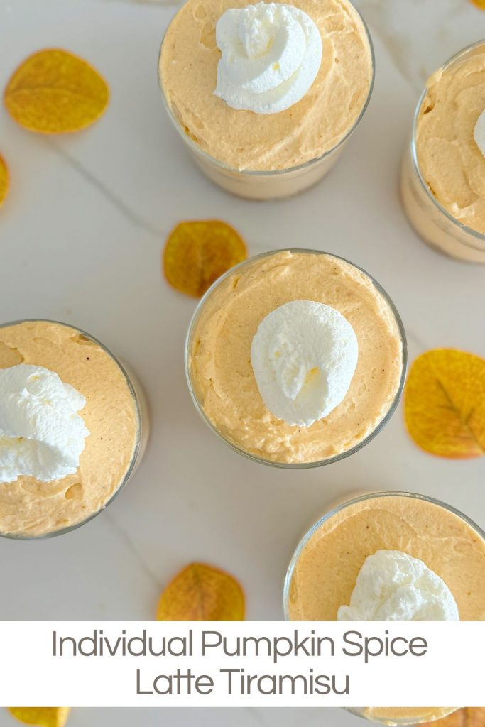 Top view of individual servings of pumpkin spice latte tiramisu topped with whipped cream, surrounded by scattered yellow leaves. Text reading "Individual Pumpkin Spice Latte Tiramisu" is at the bottom.