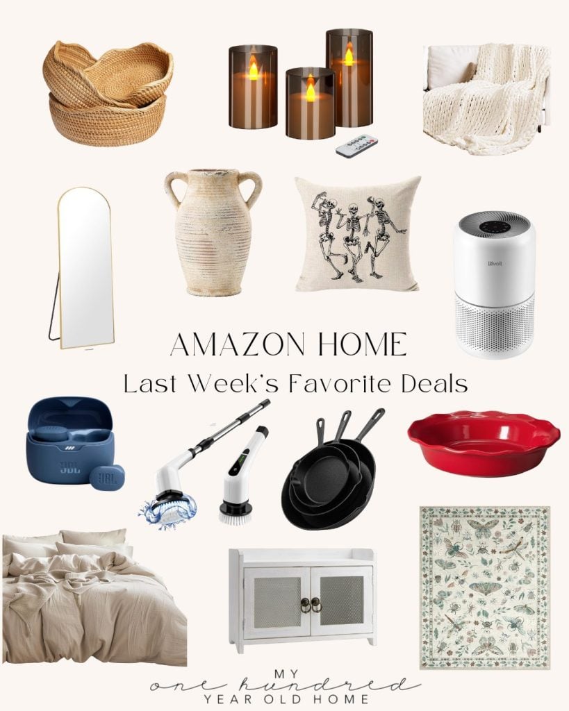 A collage of home goods including baskets, candles, a blanket, a mirror, vases, a pillow, an air purifier, earbuds, a scrubber, skillets, a dish, bedding, a cabinet, and a rug titled "Amazon Home Last Week's Favorite Deals.