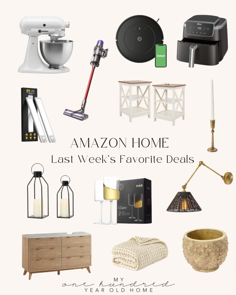 Collage of various home products, including a stand mixer, robotic vacuum, air fryer, cordless vacuum, bedside tables, candlesticks, wall lamp, sideboard, cushion, woven basket, and LED light strips.