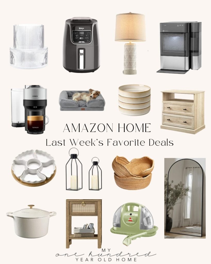 A collage features various home items including a lamp, air fryer, coffee maker, pet bed, bowls, nightstand, mirror, and cleaning products with the title "Amazon Home: Last Week's Favorite Deals.