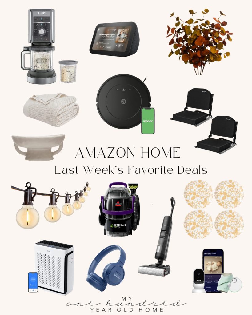 A collage of various home and tech products, titled "Amazon Home Last Week's Favorite Deals," including a coffee maker, smart speakers, vacuum cleaner, headphones, and decorative items.