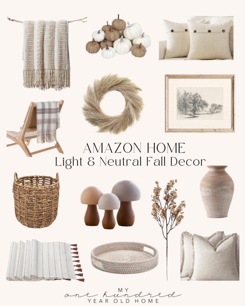 A collection of light and neutral fall decor items from Amazon Home, including plate chargers, pillows, throws, baskets, framed art, vases, small ornaments, and a branch with leaves.