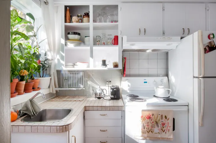 A small, bright kitchen with white cabinets, a stove, and a refrigerator. A row of potted plants sits on the windowsill above the sink, and dishes are neatly arranged on open shelves.