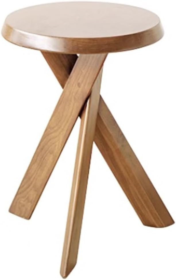 A small wooden table with a round top and three angled legs crossing at the center.