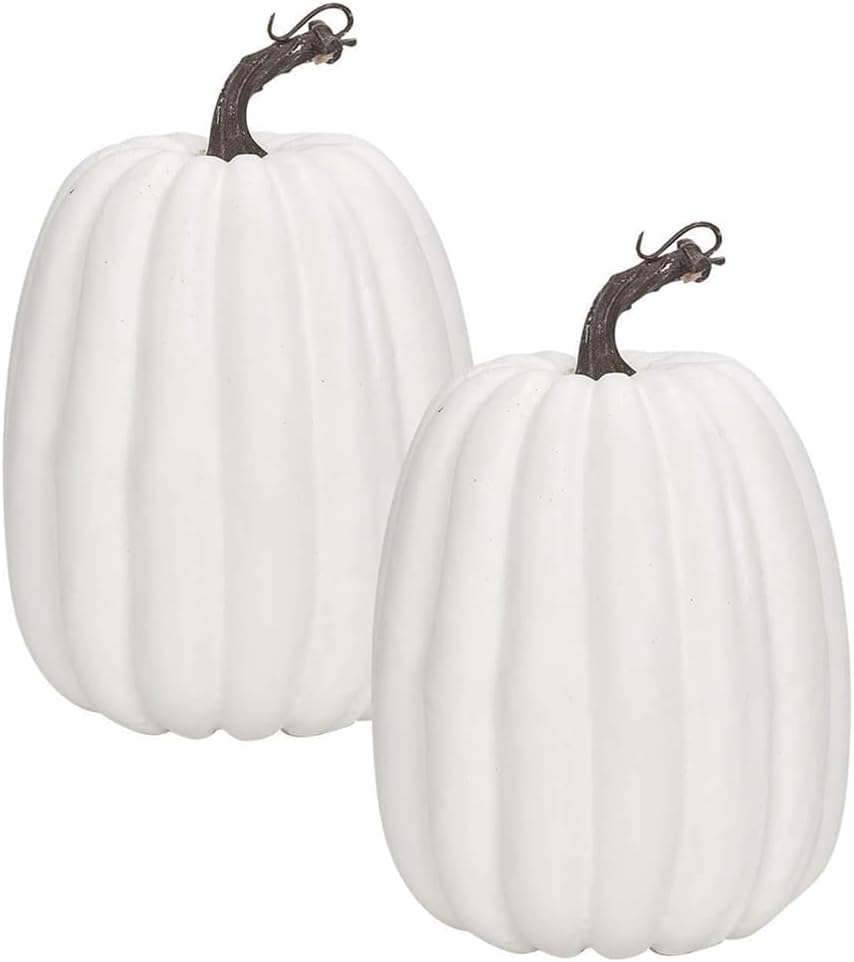 Two white pumpkins with brown stems stand upright against a plain background, offering a perfect canvas for your next pumpkin craft project.