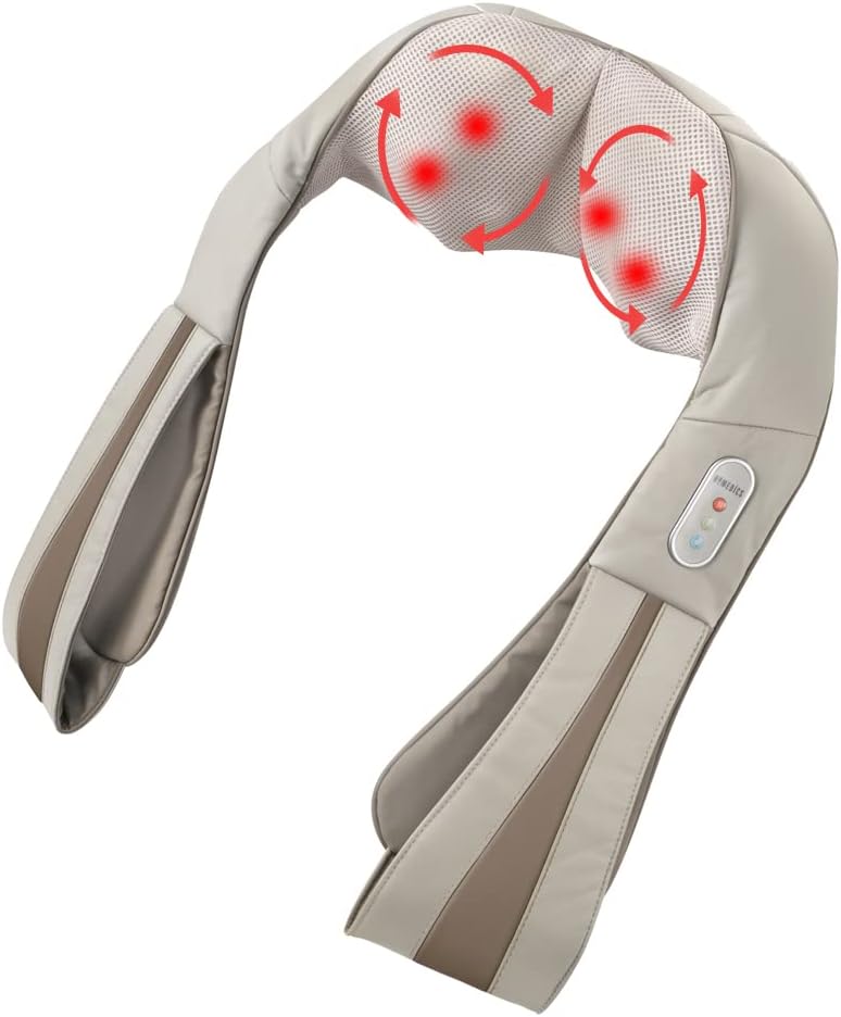 Beige neck and shoulder massager with red heating nodes and an attached control panel, available for quick delivery through Amazon Prime, shown with arrows indicating massaging motion.