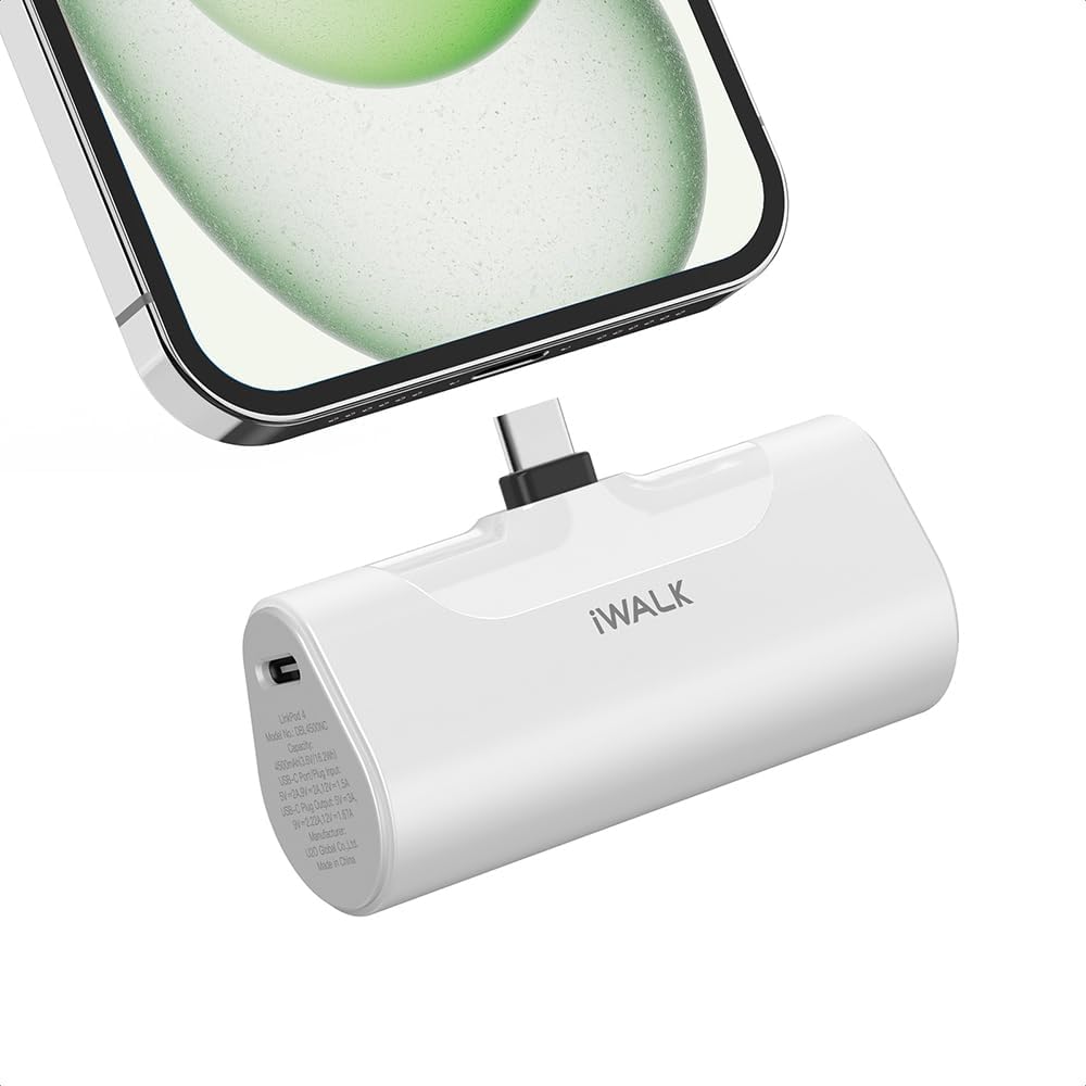 A portable iWALK power bank is shown connected to a smartphone via a USB-C port, ideal for tech-savvy Amazon Prime members seeking quick and reliable charging solutions on the go.