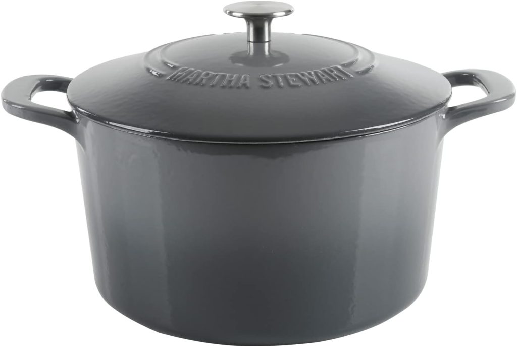 A gray cast iron Dutch oven with a lid and handles on each side, available for quick delivery with Amazon Prime.